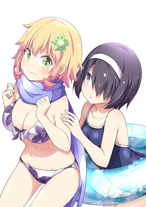 ass_visible_through_thighs bikini black_hair blonde_hair blue_scarf blush breasts chisaki_tapris_sugarbell clenched_hands closed_mouth collarbone floral_print from_side frown furrowed_eyebrows gabriel_dropout gluteal_fold green_eyes hair_ornament hair_over_one_eye innertube kurona_mei large_breasts leaning_forward looking_at_another looking_at_viewer multiple_girls official_art one-piece_swimsuit parted_lips purple_bikini purple_eyes scarf short_hair simple_background swimsuit ukami wavy_mouth white_background