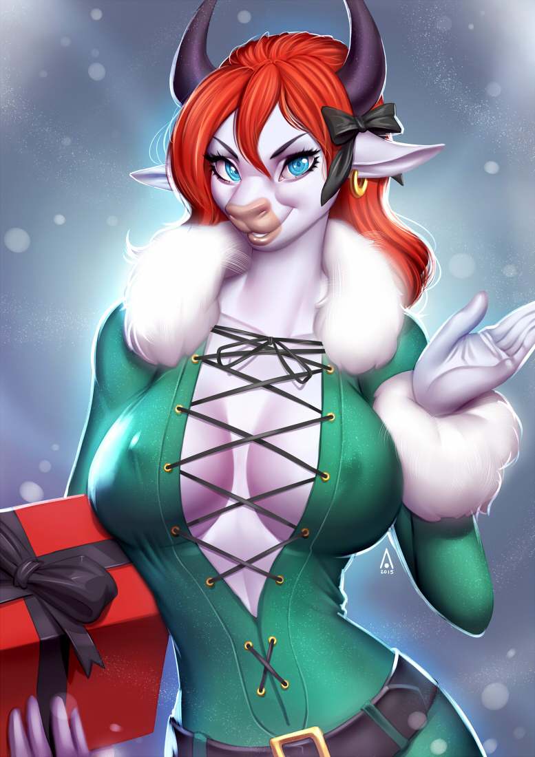 alanscampos anthro big_breasts blue_eyes bovine bow breasts cattle cleavage clothed clothing ear_piercing female fur hair horn long_hair looking_at_viewer mammal piercing red_hair smile solo