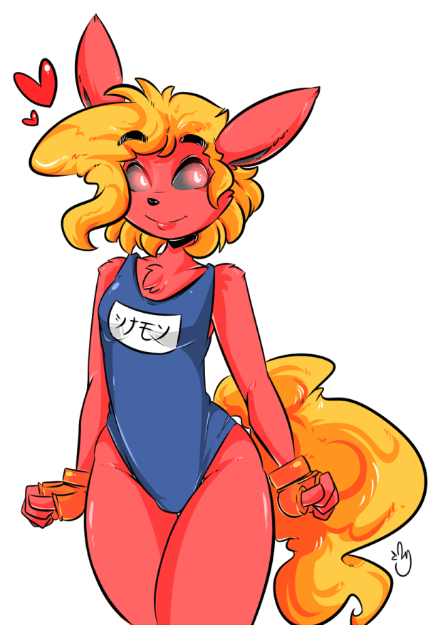 &lt;3 anthro black_nose black_sclera blonde_hair chest_tuft cinnamon_swirl clothed clothing cute duckdraw eeveelution female fingerless_gloves flareon flat_chested fur gloves hair nintendo pok&eacute;mon red_eyes red_fur simple_background solo swimsuit thick_bottom_lip tuft video_games white_background wide_hips