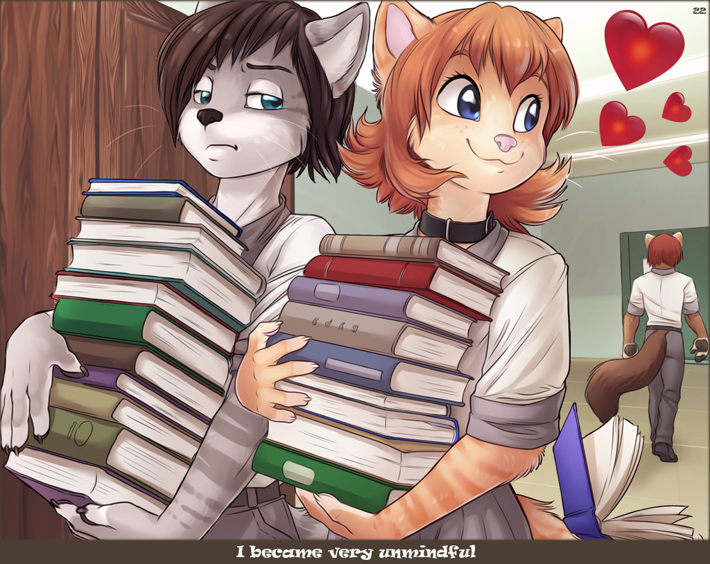 &lt;3 anthro blue_eyes book brown_hair carrying cat clothed clothing collar distracted duo_focus edgar_(iskra) english_text feline female ginger_hair group hair hi_res iskra iskra_(character) konrad_zengel looking_back male mammal pawpads pink_nose school school_uniform tabby_cat text uniform whiskers