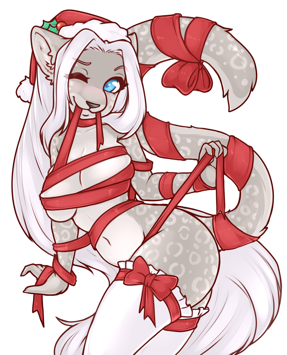 2015 blue_eyes breasts christmas cleavage clothed clothing feline female hair hat holidays holly_(plant) legwear leopard mammal misskyrrin nude one_eye_closed plant ribbons santa_hat solo stockings transparent_backround white_hair wide_hips wink zyira
