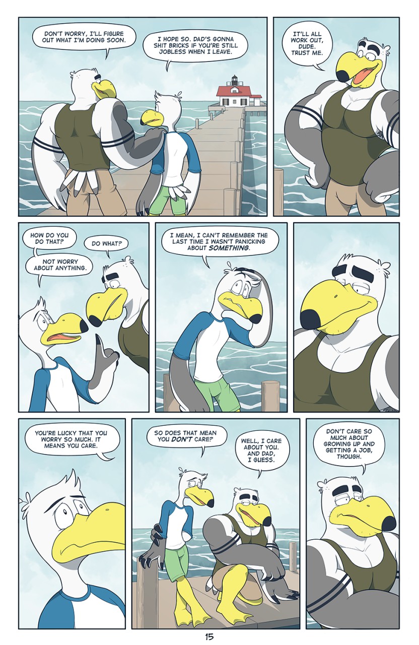 anthro anti_dev avian ayden_(brogulls) bailey_(brogulls) beak biceps big_muscles bird brothers clothing comic dialogue duo feathers flexing hi_res male muscular open_mouth outside pecs seagull shirt shorts sibling standing tank_top vest