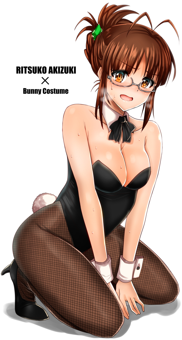 akizuki_ritsuko animal_ears bad_id bad_pixiv_id bare_arms bare_shoulders blush breasts brown_eyes brown_hair bunny_ears bunny_girl bunny_tail bunnysuit cleavage collarbone detached_collar fishnet_pantyhose fishnets folded_leg folded_ponytail glasses highleg highleg_leotard idolmaster idolmaster_(classic) inu_(marukome) kneeling large_breasts leotard looking_at_viewer open_mouth pantyhose solo strapless strapless_leotard sweat tail v_arms wrist_cuffs