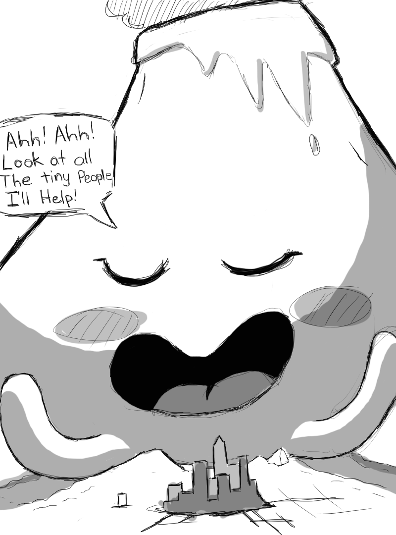 acrii ambiguous_gender blush city dialogue english_text eyes_closed greyscale macro monochrome open_mouth smoke solo speech_bubble text undertale video_games volcano vulkin