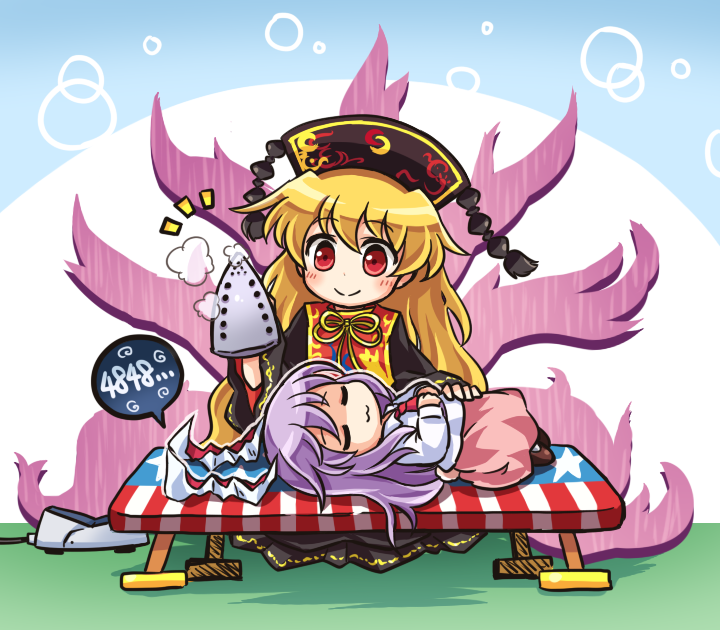 :3 american_flag animal_ears black_dress blonde_hair bunny_ears chinese_clothes closed_eyes dress hair_ornament iron ironing_board junko_(touhou) lying multiple_girls on_back on_table pote_(ptkan) purple_hair red_eyes reisen_udongein_inaba shirt skirt smile tabard table teruyof touhou