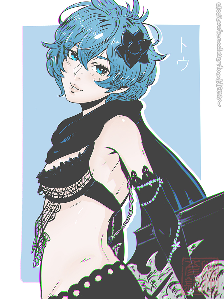 bangs bare_shoulders beads bikini_top blue blue_eyes blue_flower blue_hair breasts cleavage drag-on_dragoon drag-on_dragoon_3 elbow_gloves flower gloves hair_flower hair_ornament koyorin lace medium_breasts midriff scarf short_hair sideboob solo two_(drag-on_dragoon) watermark web_address