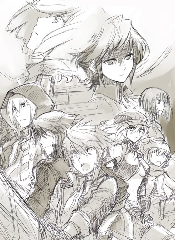 amemiya_rindou bare_shoulders blue_eyes boots breasts cabbie_hat elbow_gloves fingerless_gloves fujiki_kouta gloves god_eater god_eater_burst greyscale hat kannagi_yuu_(god_eater) long_hair looking_at_viewer medium_breasts monochrome multiple_boys multiple_girls player_(god_eater_burst) shirt short_hair sideboob sketch skirt smile soma_schicksal suspender_skirt suspenders tachibana_sakuya_(god_eater) thigh_boots thighhighs weapon