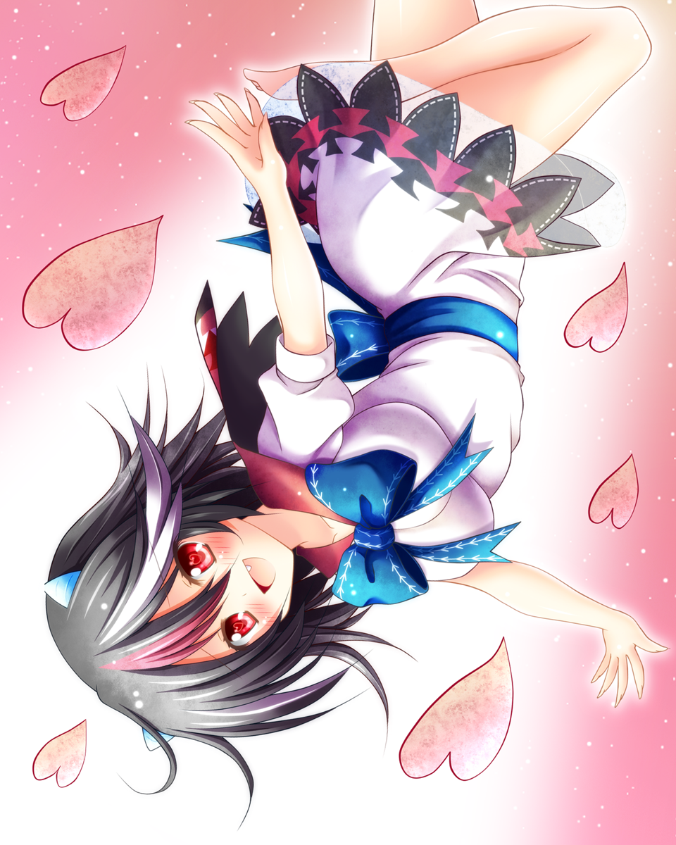 arrow bangs barefoot black_hair blue_background blue_bow blush bow breasts cowboy_shot dress fang folded_leg hair_between_eyes heart highres horns kijin_seija large_breasts leg_up multicolored multicolored_background multicolored_hair open_mouth osashin_(osada) outstretched_arms red_eyes red_hair revision sailor_collar sash see-through shiny shiny_skin short_dress short_hair short_sleeves smile snowing solo spread_arms thighs touhou upside-down white_background white_dress white_hair