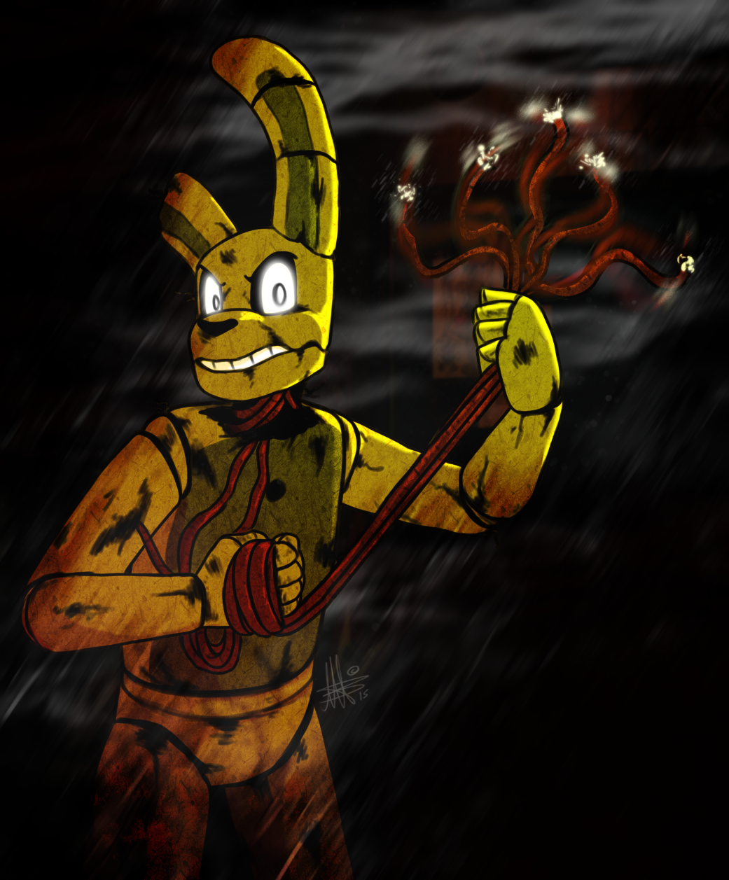 animatronic biting_lip black_nose blood decayed decaying electricity five_nights_at_freddy's five_nights_at_freddy's_3 floppy_ears glowing glowing_eyes grin hallway holes lagomorph machine mammal old outside rabbit raining robot robotics solo springtrap_(fnaf) standing static steam thepipefox video_games violence white_eyes wires