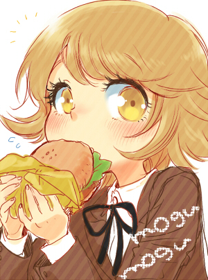 brown_eyes brown_hair danganronpa danganronpa_1 eating food fujisaki_chihiro hamburger looking_at_viewer lowres male_focus md5_mismatch otoko_no_ko sabota short_hair solo white_background