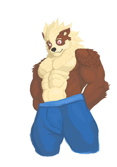anthro big_muscles blush canine clothed clothing digital_media_(artwork) flawlf fluffy fur half-dressed looking_at_viewer male mammal multicolored_fur muscular pecs pinup pose shy smile solo standing submissive thefinalboss topless two_tone_fur wolf