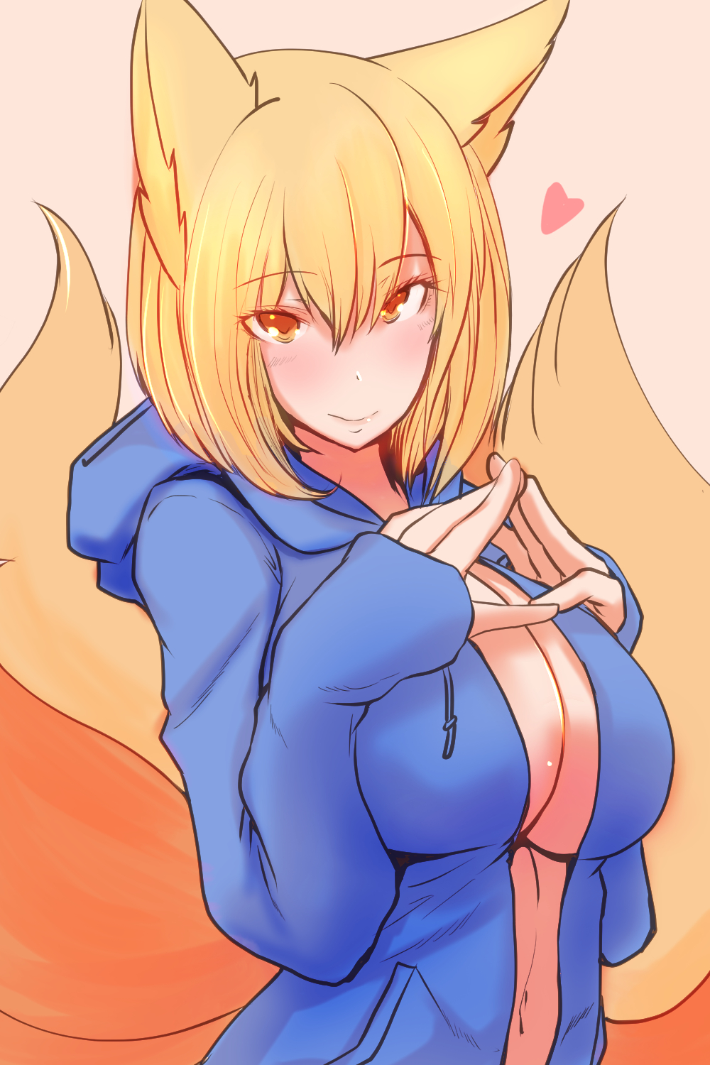 animal_ears blonde_hair blush breasts center_opening dearmybrothers fox_ears fox_tail heart highres hood hoodie large_breasts looking_at_viewer multiple_tails naked_hoodie open_clothes open_hoodie solo tail touhou yakumo_ran yellow_eyes