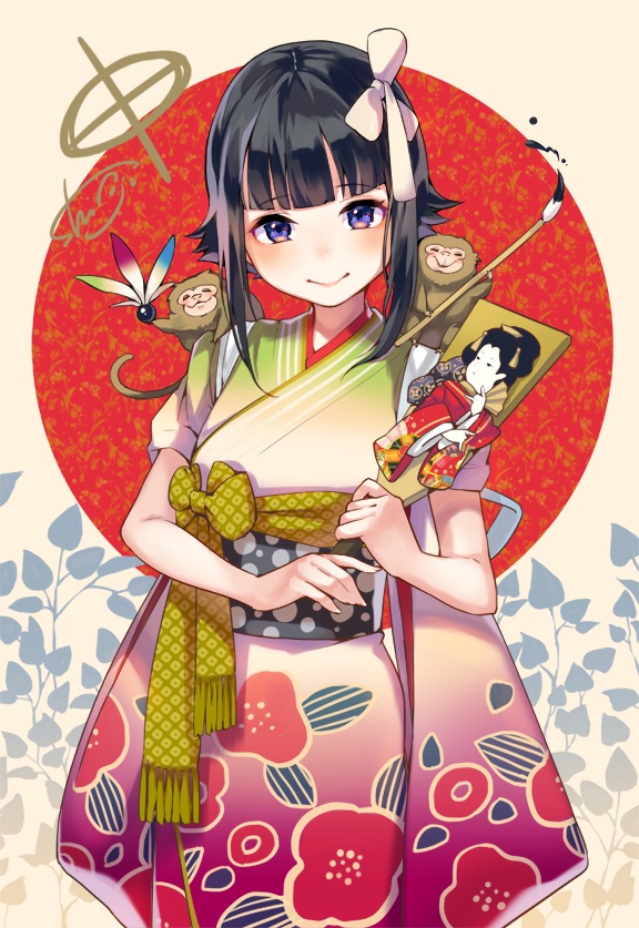 black_hair blush hagoita hair_ornament hanetsuki japanese_clothes kimono new_year original paddle purple_eyes sheep_sleep short_hair smile solo tasuki