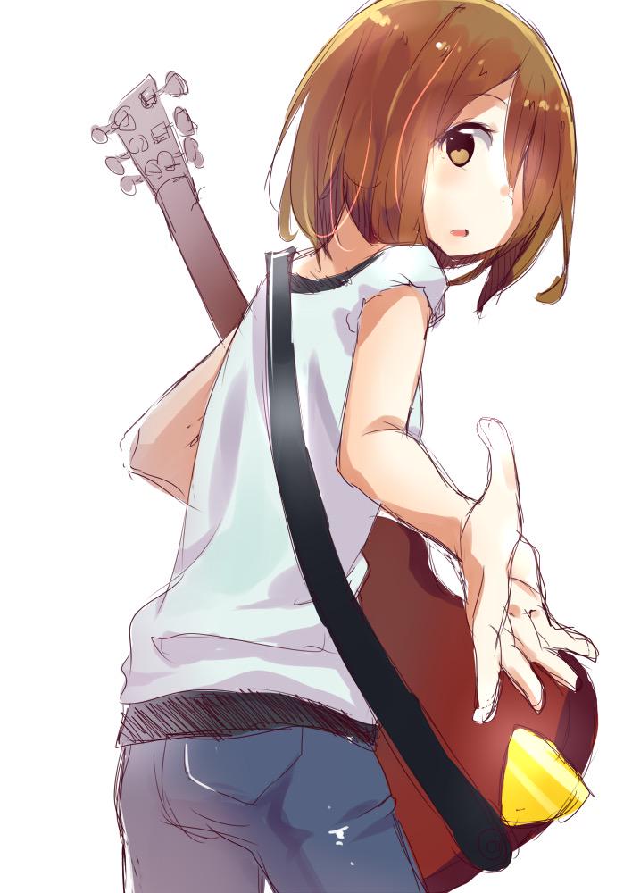 brown_hair chiigo guitar hirasawa_yui instrument k-on! listen!! looking_back outstretched_hand solo