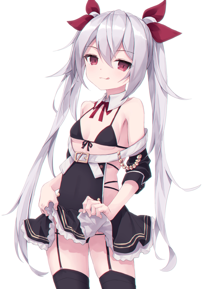 1girl :q azur_lane bad_id bad_pixiv_id bangs bare_shoulders bikini black_bikini black_dress black_legwear black_panties black_sleeves bow breasts closed_mouth clothes_lift collar commentary_request detached_collar detached_sleeves dress dress_lift eyebrows_visible_through_hair frilled_dress frills front-tie_bikini front-tie_top garter_straps grey_hair hair_between_eyes hair_ribbon lifted_by_self long_hair long_sleeves looking_at_viewer oueo panties red_bow red_eyes red_ribbon ribbon simple_background small_breasts smile solo standing swimsuit thighhighs tongue tongue_out twintails underwear vampire_(azur_lane) very_long_hair white_background white_collar wing_collar
