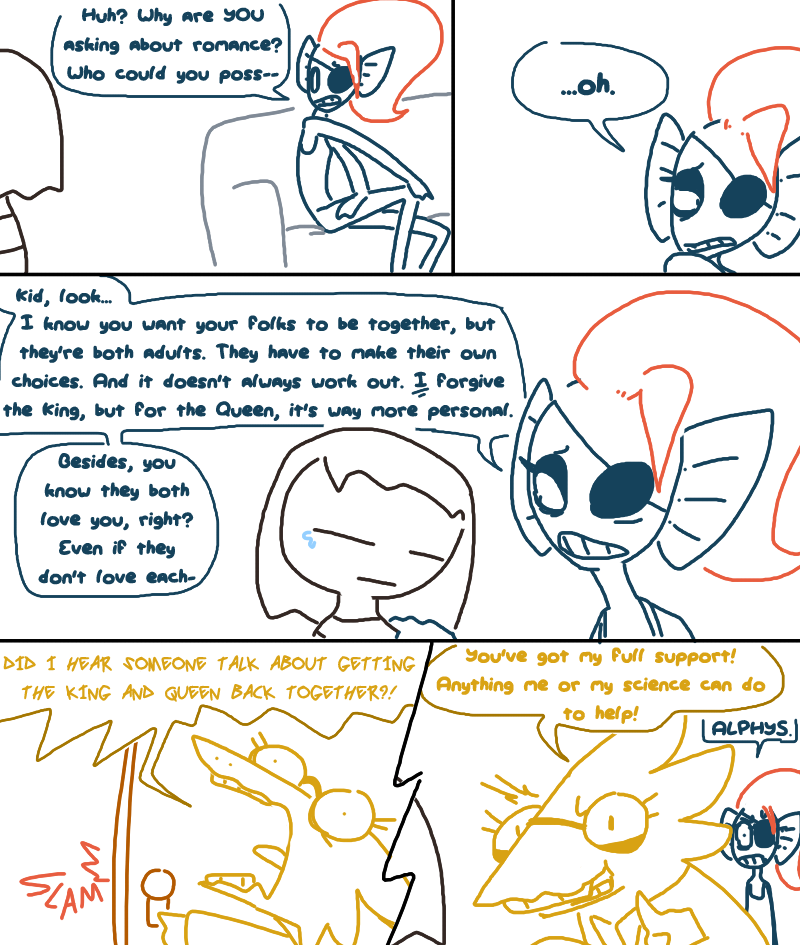 alphys ambiguous_gender child comic crying dialogue english_text eye_patch eyewear female fish glasses group hair human humor mammal marine monster open_mouth pink_hair protagonist_(undertale) scalie sofa speech_bubble tears text the_weaver undertale undyne video_games yelling young