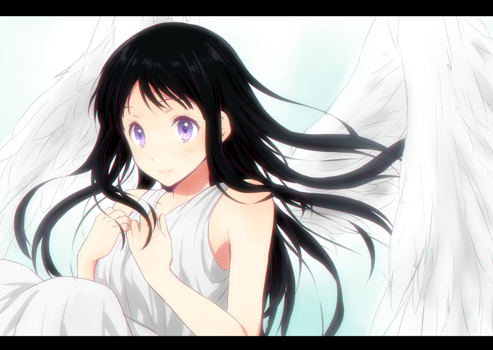 angel angel_wings black_hair chitanda_eru dress hyouka letterboxed long_hair official_style purple_eyes rito453 smile solo white_dress wings