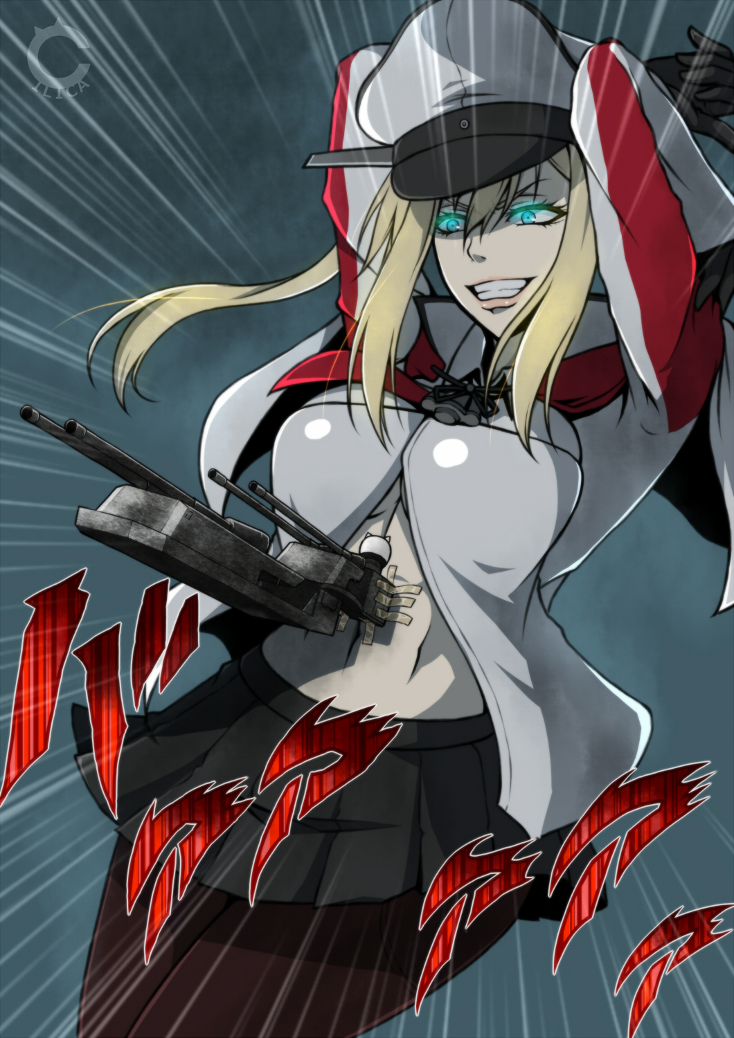 black_gloves blonde_hair blue_eyes breasts cannon cilica emphasis_lines gloves glowing glowing_eyes graf_zeppelin_(kantai_collection) grin hat highres jacket jojo_no_kimyou_na_bouken jojo_pose kantai_collection large_breasts midriff navel pantyhose parody pleated_skirt pose rudolph_von_stroheim skirt smile solo tape watermark