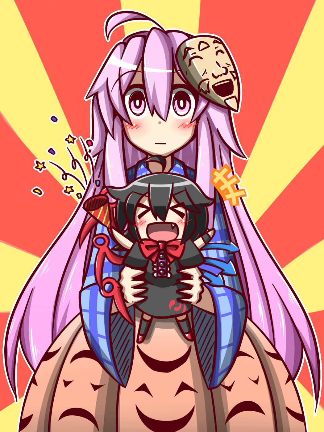 &gt;_&lt; :d ahoge asymmetrical_wings black_hair blush carrying chibi closed_eyes expressionless feiton hata_no_kokoro highres houjuu_nue long_hair looking_at_viewer mask mask_on_head multiple_girls open_mouth purple_eyes purple_hair short_hair size_difference smile touhou wings xd