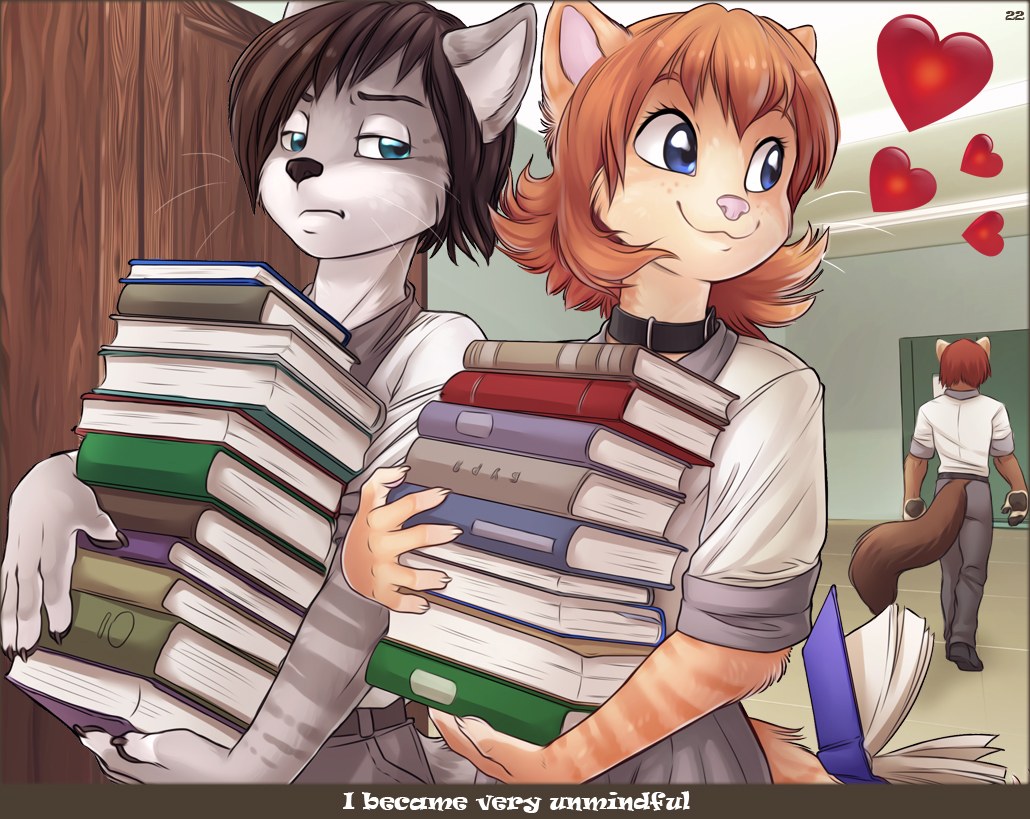 &lt;3 anthro blue_eyes book brown_hair carrying cat clothed clothing collar distracted duo_focus edgar_(iskra) english_text feline female ginger_hair group hair iskra iskra_(character) konrad_zengel looking_back male mammal pawpads pink_nose school school_uniform tabby_cat text uniform whiskers