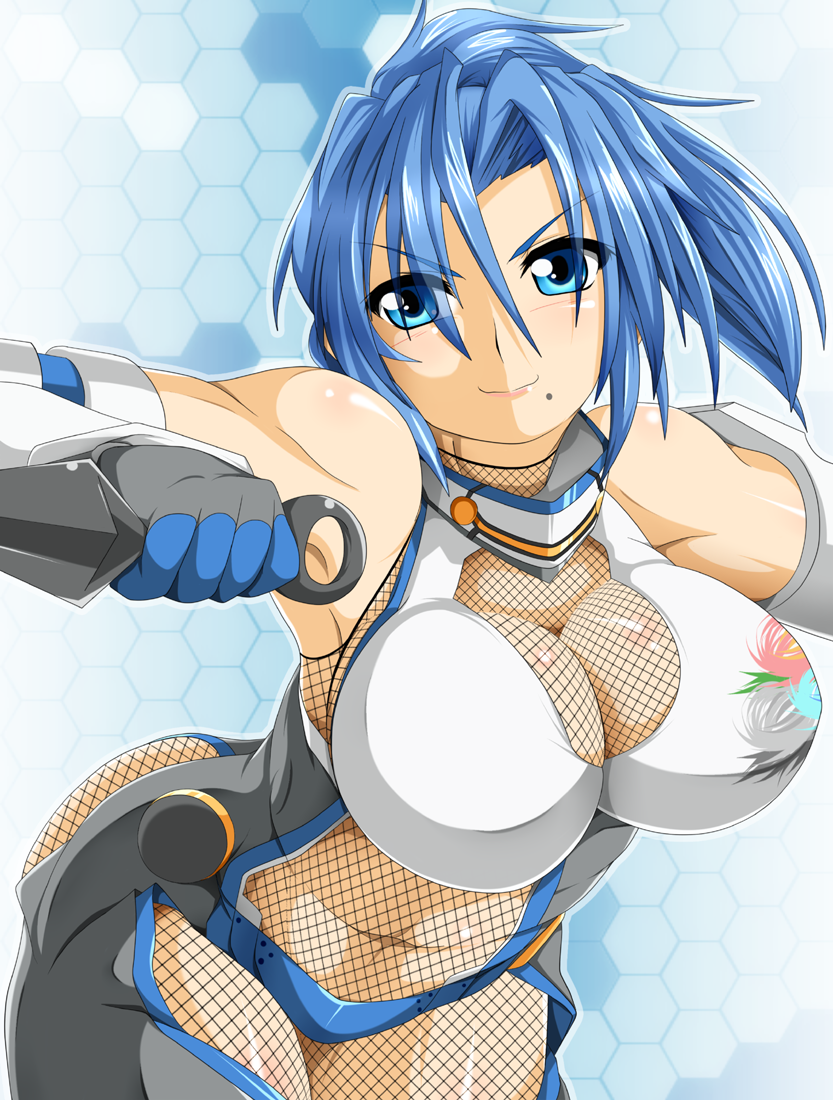 bare_shoulders blue_eyes blue_hair bodysuit borrowed_character breasts cleavage fishnet_bodysuit fishnets gauntlets kokujuuji large_breasts mole mole_under_mouth navel see-through solo