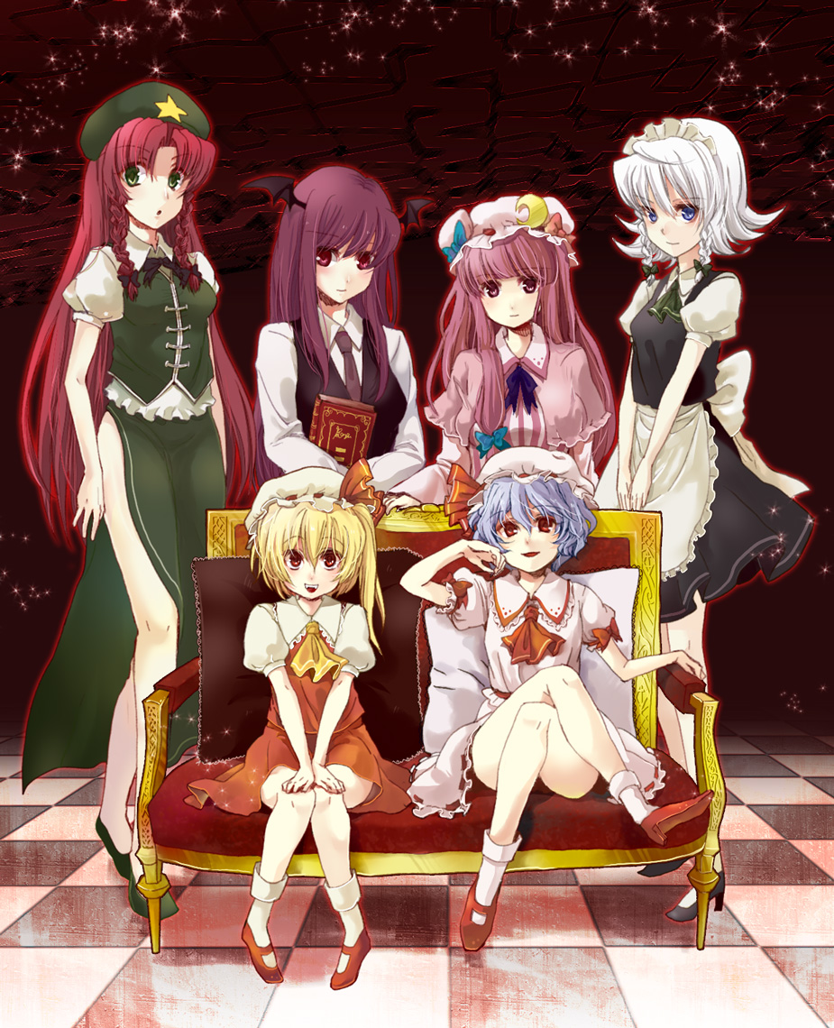 :o ascot bad_id bad_pixiv_id bare_legs blonde_hair blue_eyes book braid checkered checkered_floor chinese_clothes couch crescent crossed_arms crossed_legs fangs flandre_scarlet green_eyes group_picture hat head_wings hong_meiling izayoi_sakuya koakuma lavender_hair long_hair looking_at_viewer maid maid_headdress multiple_girls no_wings patchouli_knowledge pink_eyes pink_hair purple_eyes purple_hair red_eyes red_hair remilia_scarlet short_hair side_slit silver_hair sitting standing the_embodiment_of_scarlet_devil touhou twin_braids vanishing_point white_hair yuki_(popopo)