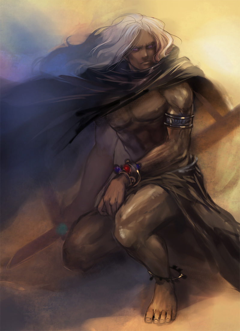 armband bracelet cape final_fantasy final_fantasy_iv final_fantasy_iv_the_after golbeza jewelry male_focus moreshan muscle shirtless solo white_hair