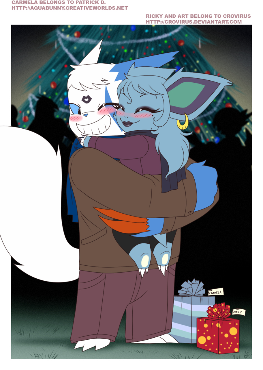 aquabunny beauty_mark blush carmela christmas christmas_tree crovirus ear_piercing eyeshadow gardevoir gift hair holidays hug kiss_mark lipstick long_hair makeup nidorina nintendo piercing pok&eacute;mon scarf silhouette size_difference smile tree video_games zangoose