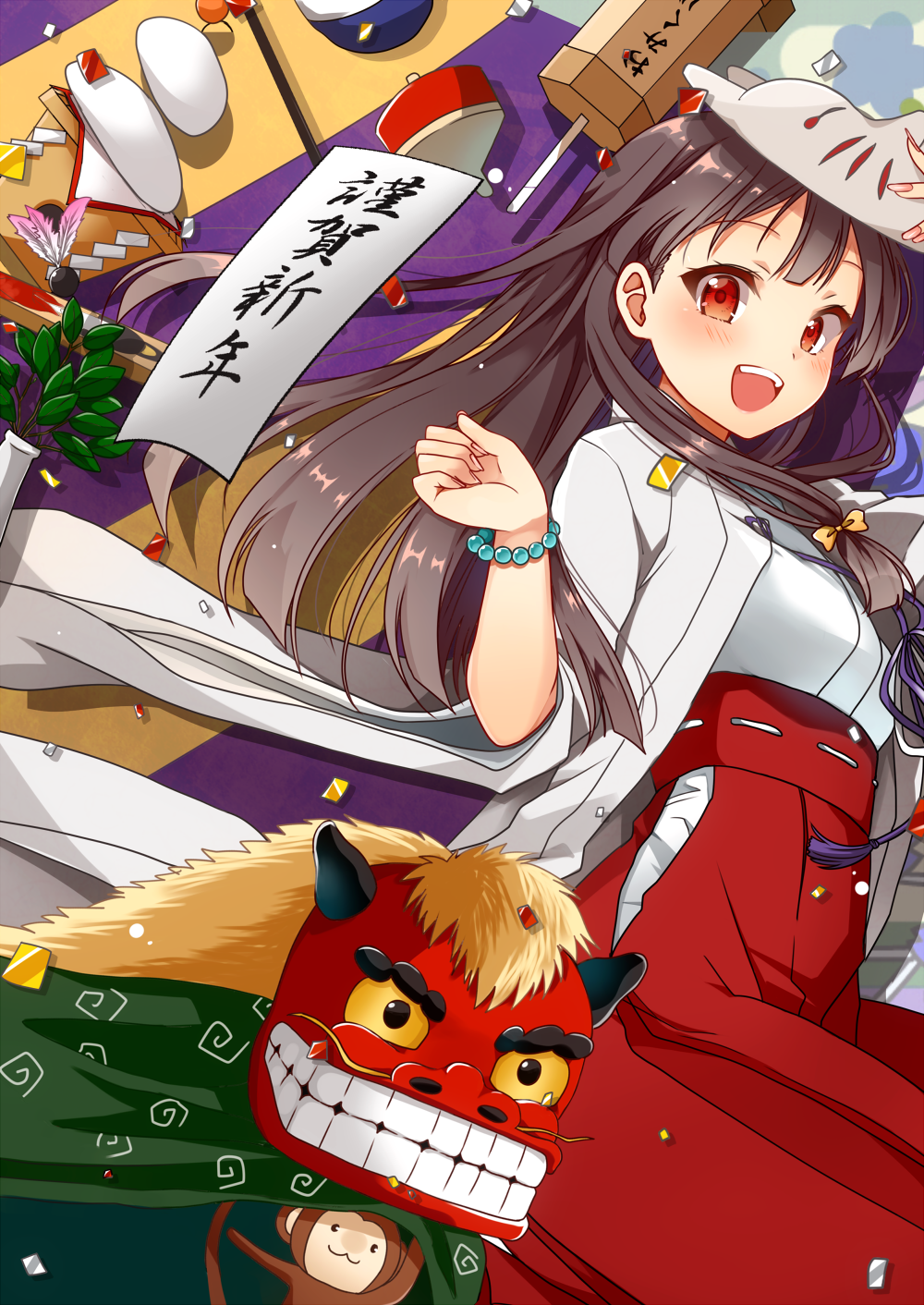 :d bad_id bad_pixiv_id bead_bracelet beads black_hair blush bracelet fox_mask highres japanese_clothes jewelry long_hair looking_at_viewer mask miko monkey open_mouth original red_eyes smile solo tarachine teeth