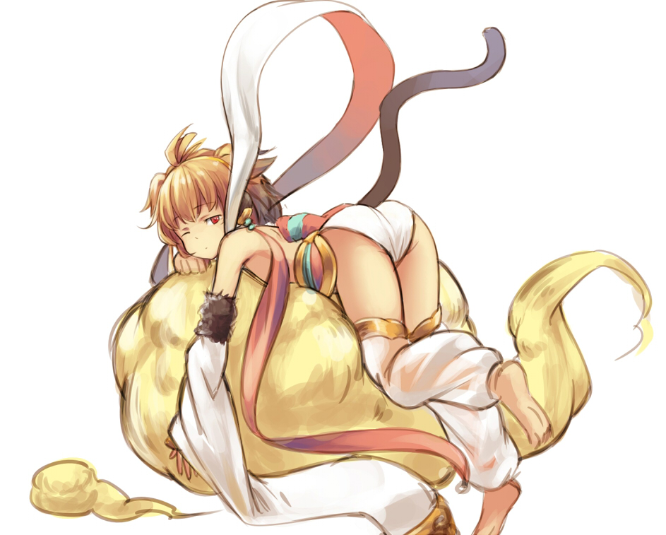 andira_(granblue_fantasy) animal_ears ass bare_shoulders barefoot brown_hair chinese_clothes cloud dengliziti detached_leggings detached_sleeves erune feet flying_nimbus fur_trim granblue_fantasy long_sleeves looking_at_viewer looking_back lying monkey_ears monkey_tail on_stomach one_eye_closed red_eyes sash scarf see-through short_hair simple_background soles solo tail toes waking_up white_background white_legwear
