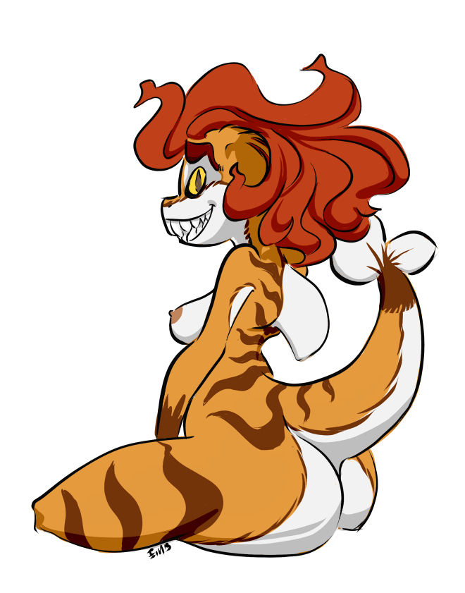 anthro big_butt breasts butt ein_(artist) female fin fish fish_tail hair leaning marine nipples nude red_hair scalie shark side_boob simple_background sitting slit_pupils smile solo teeth thick_thighs tiger_shark white_background