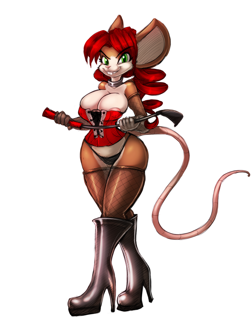 anthro boots breasts brown_fur clothing collar corset female fishnet footwear full-length_portrait fur green_eyes hair high_heels legwear looking_at_viewer mammal mouse red_hair rodent simple_background smile solo stockings tgwonder watsup whip white_background
