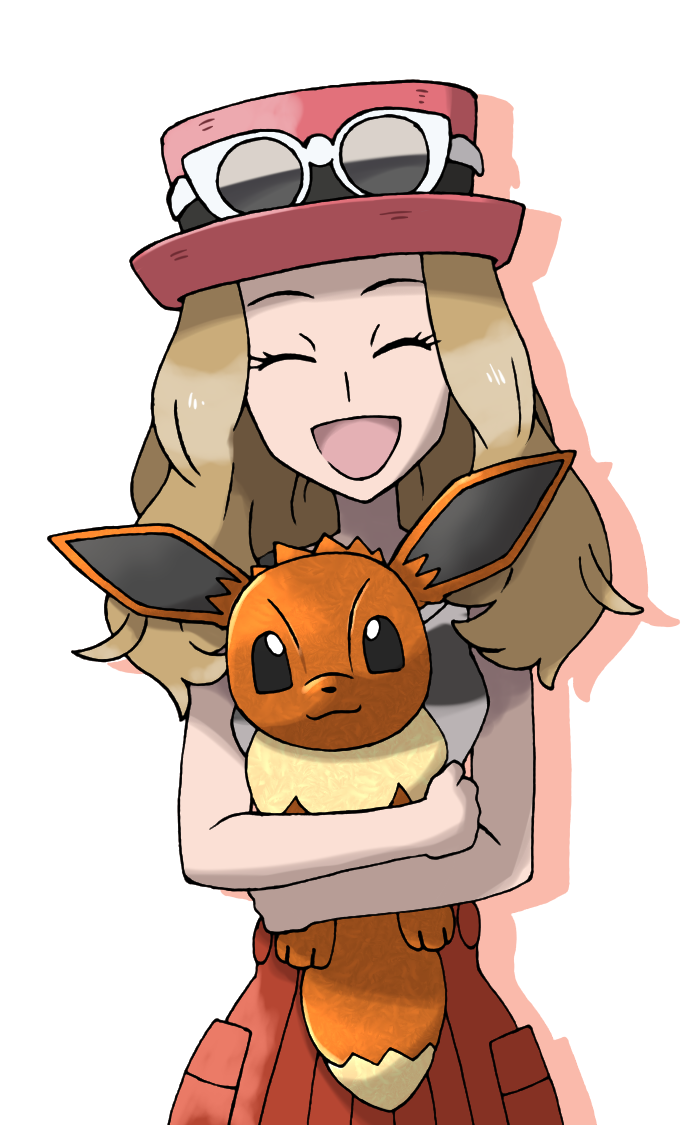:3 bare_shoulders black_sclera black_shirt blonde_hair breasts cowboy_shot creatures_(company) crossed_arms drop_shadow eevee eyes_closed eyewear_on_headwear female game_freak gen_1_pokemon happy hat holding holding_pokemon long_hair looking_at_another looking_up nintendo open_mouth pleated_skirt pokemon pokemon_(creature) pokemon_(game) pokemon_xy red_hat red_skirt serena_(pokemon) shirt simple_background skirt sleeveless sleeveless_shirt small_breasts smile standing sunglasses teru_zeta white-framed_eyewear white_background white_eyes