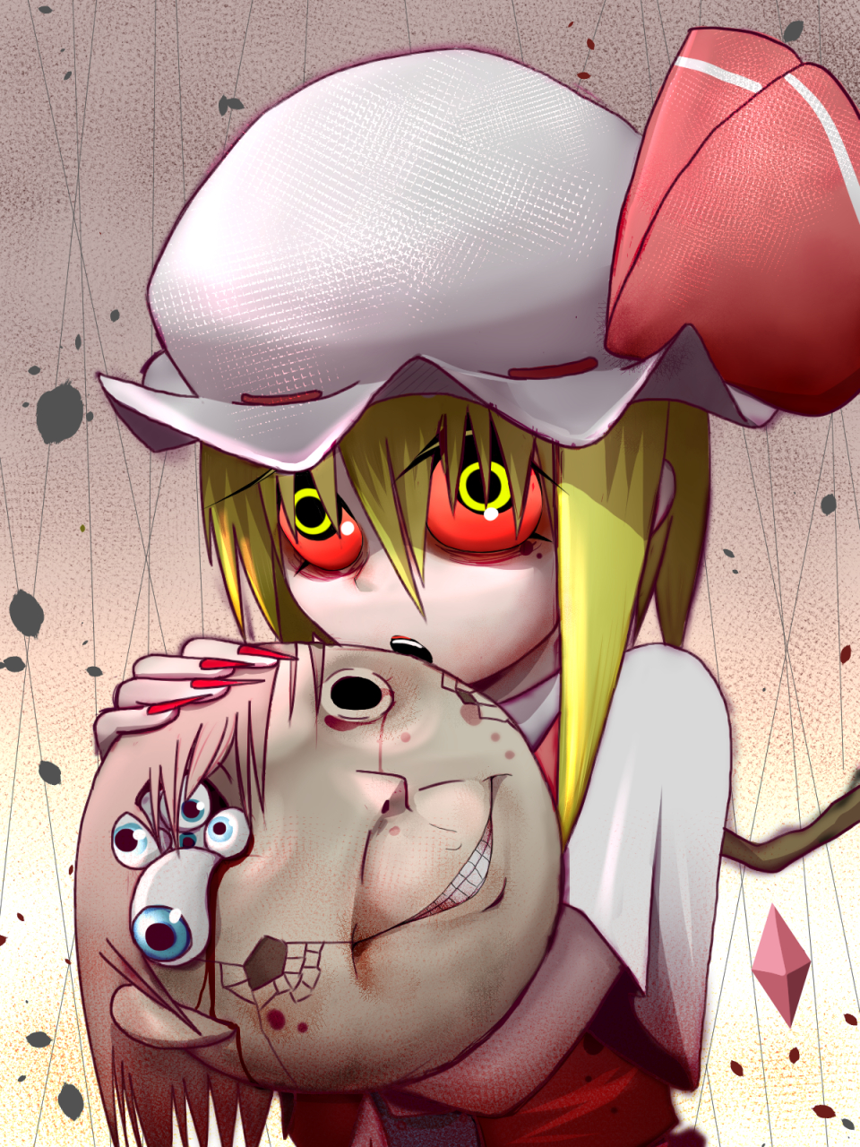 :o bad_id bad_pixiv_id banned_artist blonde_hair blood blood_stain blue_eyes broken commentary_request crack crystal demon_wings eyeball fingernails flandre_scarlet gradient gradient_background hair_between_eyes hat hat_ribbon highres holding horror_(theme) long_fingernails mob_cap nail_polish okahi open_mouth pale_skin red_nails red_sclera ribbon sharp_fingernails short_sleeves sidelocks simple_background solo teeth touhou upper_body vampire wings yellow_eyes yellow_pupils