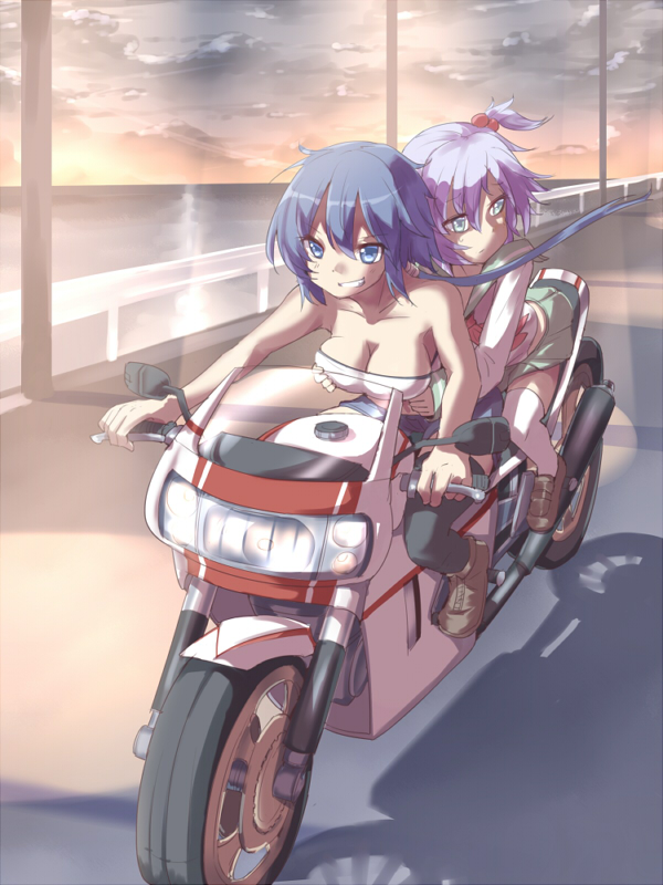 amasaki_nana amasaki_ryouko azm(s)k black_legwear blankblood blue_eyes blue_hair breast_grab breasts cleavage cracklecradle grabbing green_eyes grey_hair ground_vehicle hair_bobbles hair_ornament large_breasts long_hair motor_vehicle motorcycle multiple_girls school_uniform serafuku shorts side_ponytail strapless thighhighs tubetop white_legwear