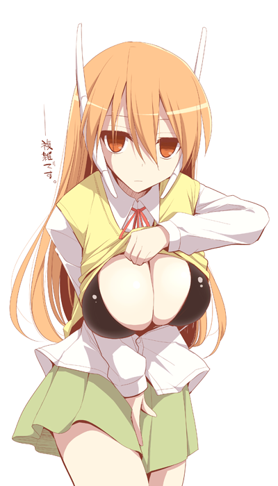 android black_bra black_legwear bra breasts cleavage commentary_request empty_eyes expressionless kurikara large_breasts long_hair looking_at_viewer orange_eyes orange_hair robot_ears school_uniform serio shirt_lift simple_background solo sweater_vest to_heart translation_request underwear white_background