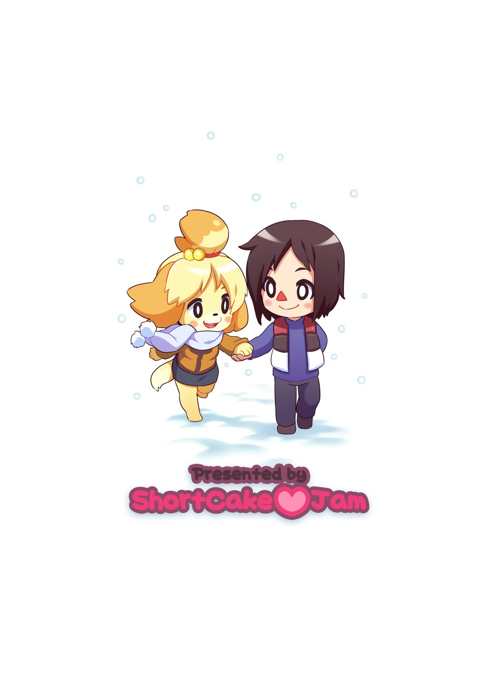 &lt;3 2013 animal_crossing anthro black_hair black_nose blonde_hair blush canine clothing coat collaboration comic dog dress english_text female fur hair hair_ornament hand_holding happy human invalid_color isabelle_(animal_crossing) male mammal neocoil nintendo pitaya rinfu scarf short_hair smile snow text video_games white_fur yellow_fur