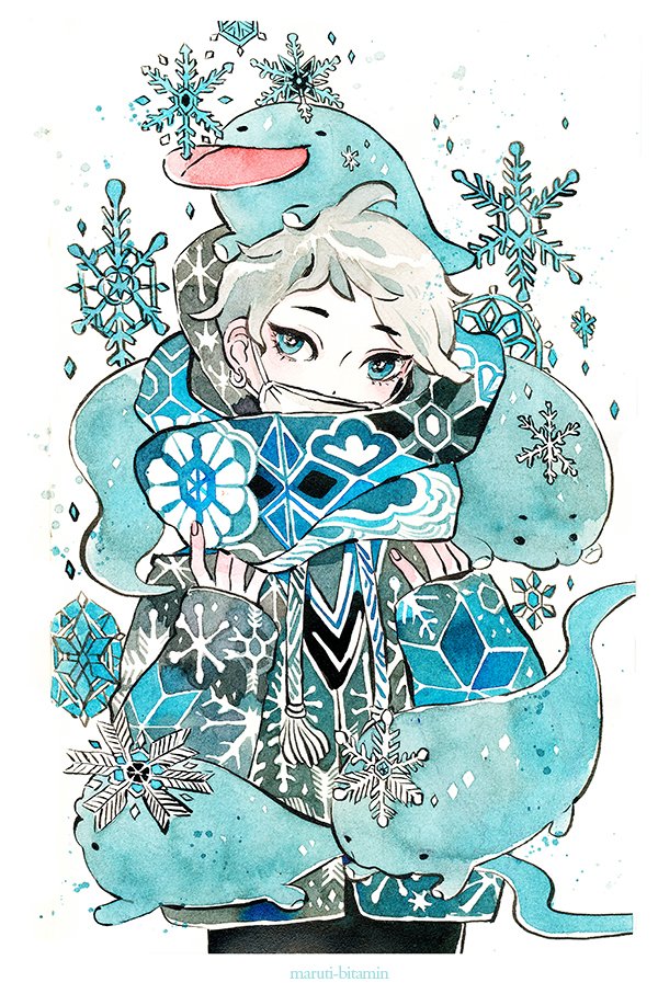 1girl artist_name blue_eyes covering_mouth cowboy_shot cropped_legs eyebrows_visible_through_hair floating looking_at_viewer maruti_bitamin mask original scarf short_hair simple_background snow snowflake_print snowflakes snowing surgical_mask tongue tongue_out white_background white_hair