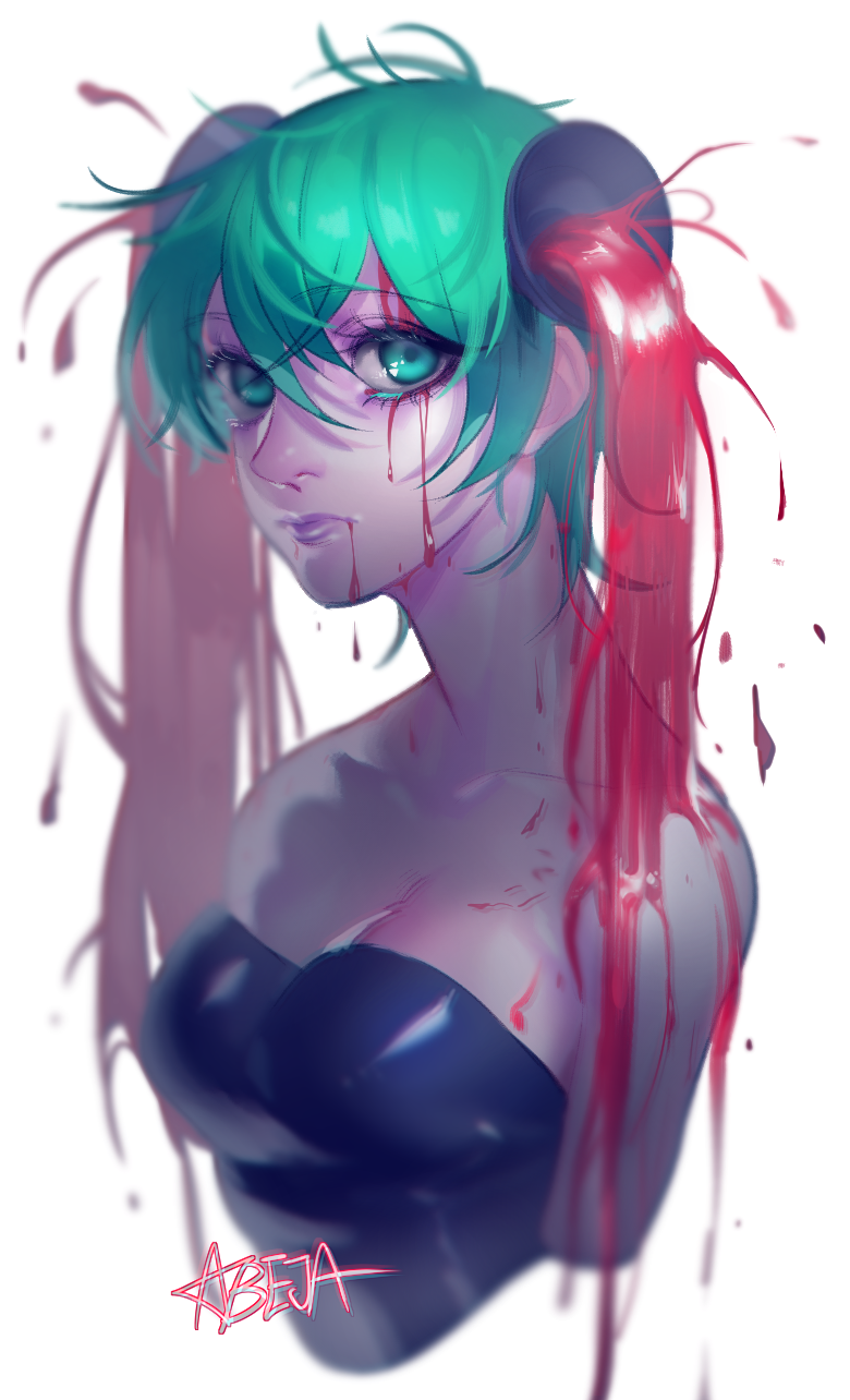 abeja artist_name blood fountain green_eyes green_hair hatsune_miku highres long_hair looking_at_viewer solo strapless twintails upper_body vocaloid