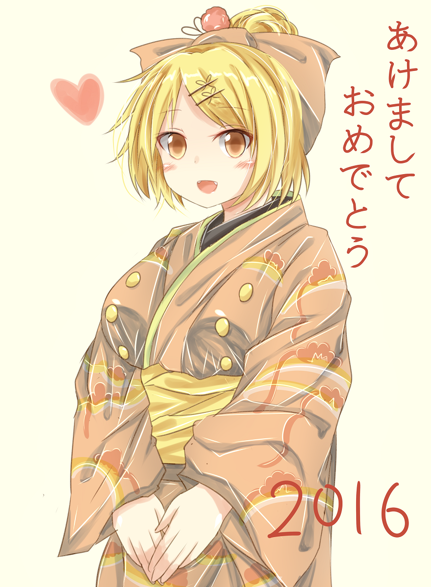 2016 akeome alternate_costume blonde_hair blush bow cowboy_shot fangs hair_bow hair_bun hair_ornament hairclip hands_together happy_new_year heart highres japanese_clothes kimono kurodani_yamame looking_at_viewer new_year obi open_mouth pikacchi pink_background sash short_hair simple_background solo standing touhou v_arms yellow_eyes