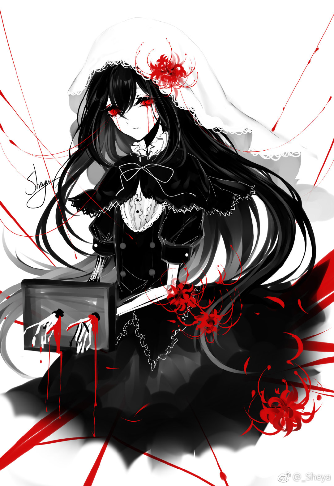 1girl akemi_homura alternate_eye_color artist_name bangs black_capelet black_dress black_hair blood capelet chinese_commentary commentary_request cowboy_shot dress eyelashes flower hair_between_eyes hair_flower hair_ornament highres limited_palette long_hair looking_at_viewer mahou_shoujo_madoka_magica mahou_shoujo_madoka_magica_movie petals puffy_short_sleeves puffy_sleeves red_eyes red_flower ribbon sheya short_sleeves signature simple_background skeletal_arm solo spoilers spot_color stocks veil very_long_hair weibo_logo weibo_username white_background