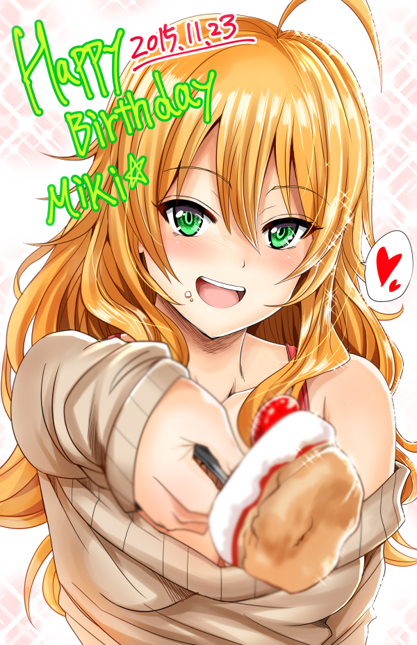 :d ahoge bad_id bad_pixiv_id bare_shoulders blonde_hair blurry blush bra breasts cake cleavage collarbone dated food food_on_face foreshortening fork fruit green_eyes hair_between_eyes happy_birthday holding hoshii_miki idolmaster idolmaster_(classic) inu_(marukome) long_hair looking_at_viewer medium_breasts off-shoulder_sweater off_shoulder open_mouth red_bra revision smile solo sparkle strawberry sweater underwear upper_body