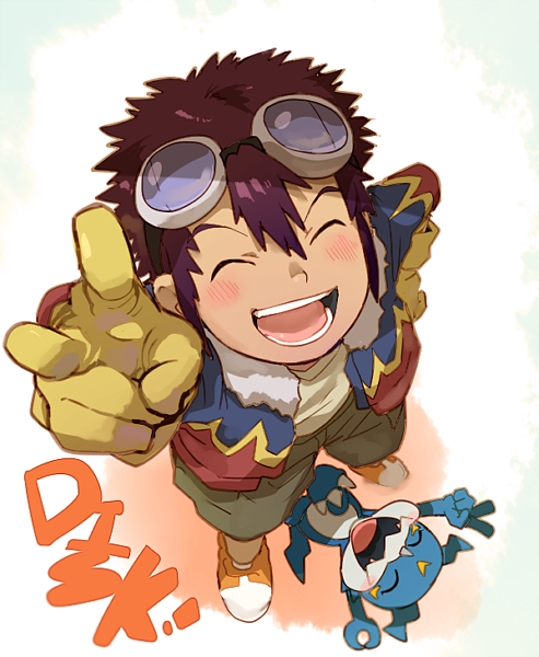 blue_background blush brown_hair character_name closed_eyes digimon digimon_adventure_02 fangs from_above gloves goggles goggles_on_head hand_on_hip jacket male_focus motomiya_daisuke open_clothes open_jacket shoes short_hair shorts simple_background smile sneakers spiked_hair t_k_g tan v veemon yellow_gloves