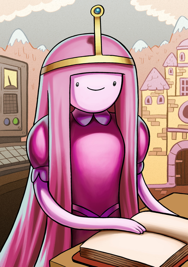2014 adventure_time bhansith black_eyes book castle clothed clothing cloud crown curtsibling detailed_background digital_media_(artwork) female hair humanoid long_hair mountain pink_hair pink_skin princess_bubblegum shirt sky smile solo
