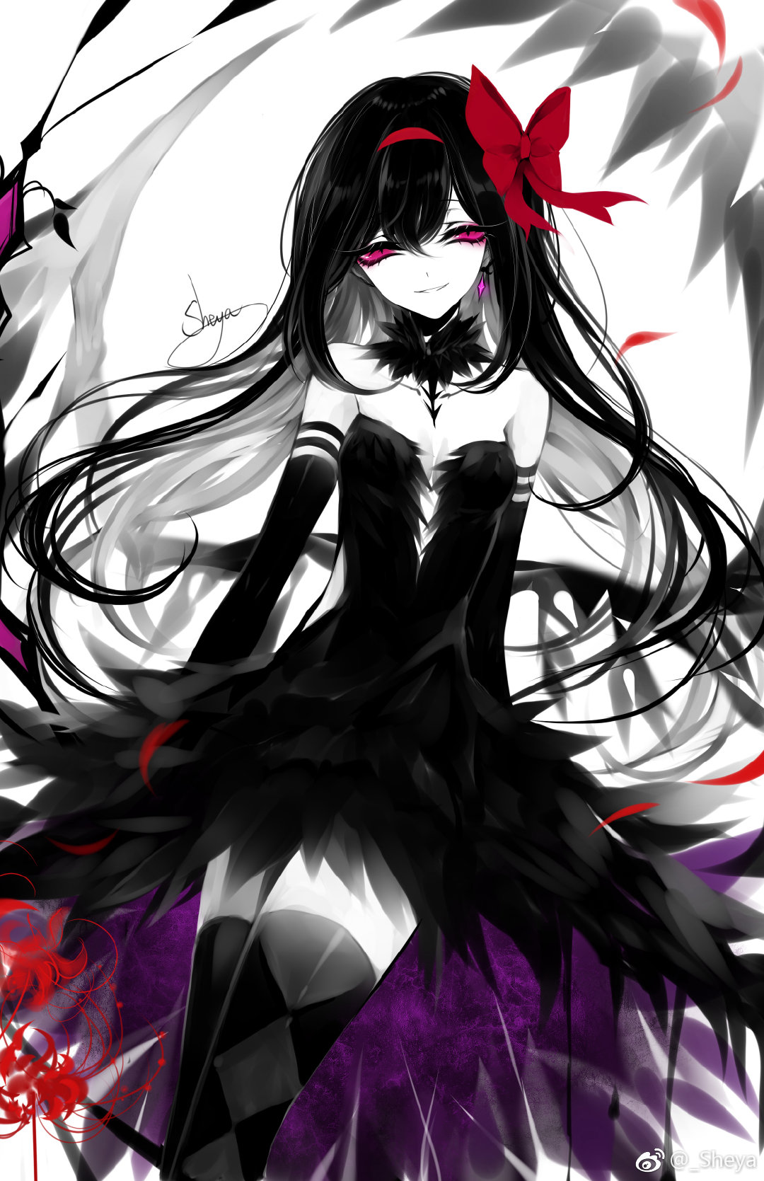 1girl akemi_homura akuma_homura artist_name bangs bare_shoulders black_collar black_dress black_gloves black_hair black_legwear bow breasts chinese_commentary cleavage collar collarbone commentary_request dress earrings elbow_gloves eyelashes flower gloves grin hair_between_eyes hair_bow hairband head_tilt highres jewelry limited_palette long_hair looking_at_viewer mahou_shoujo_madoka_magica mahou_shoujo_madoka_magica_movie petals pink_eyes red_bow red_flower red_hairband sheya signature simple_background small_breasts smile solo spoilers spot_color strapless strapless_dress thighhighs thighs weibo_logo weibo_username white_background zettai_ryouiki