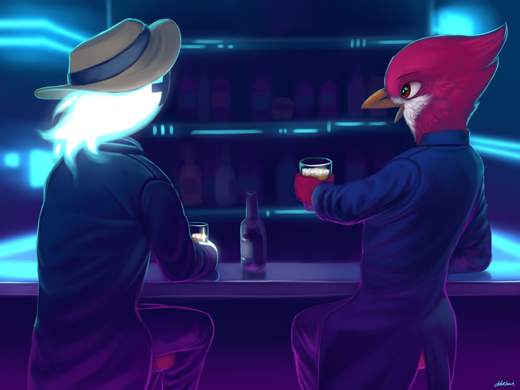 2016 alcohol alien anthro avian avian_(starbound) bar beak beer beverage bird black_suit bottle brand brown_eyes cheers clothed clothing club_background conditional_dnp cowboy dialogue digital_media_(artwork) drinks duo feathers food glass hat leather_jacket mah_brand maladash male neon night no_dialogue novakid open_mouth plus red_feathers shelf signature sitting smile starbound stool video_games white_feathers