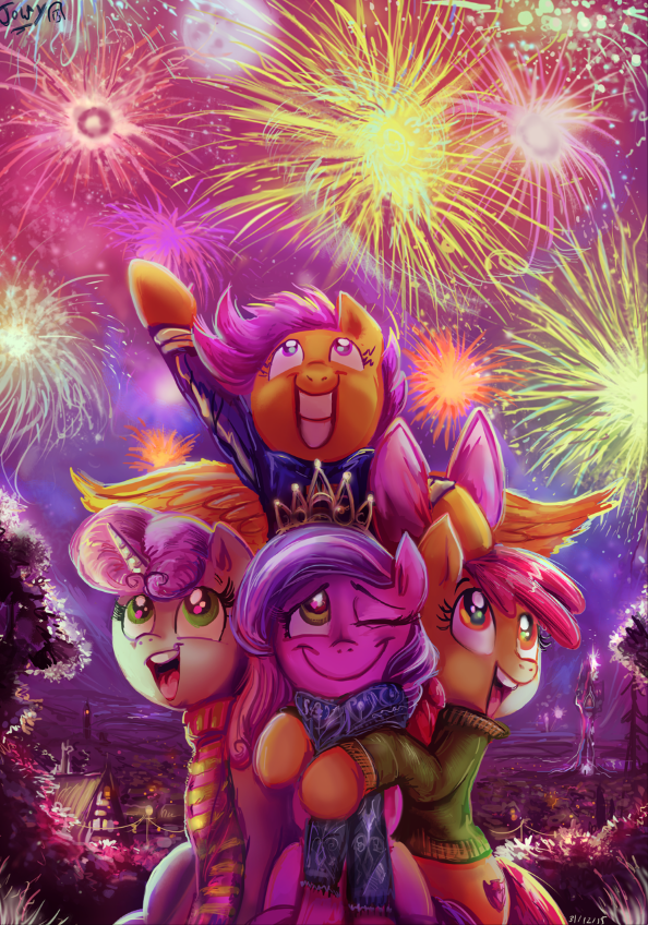 2015 apple_bloom_(mlp) castle diamond_tiara_(mlp) equine female fireworks friendship_is_magic group horn horse jowybean mammal my_little_pony pegasus pony ponyville scootaloo_(mlp) sweetie_belle_(mlp) tower unicorn wings