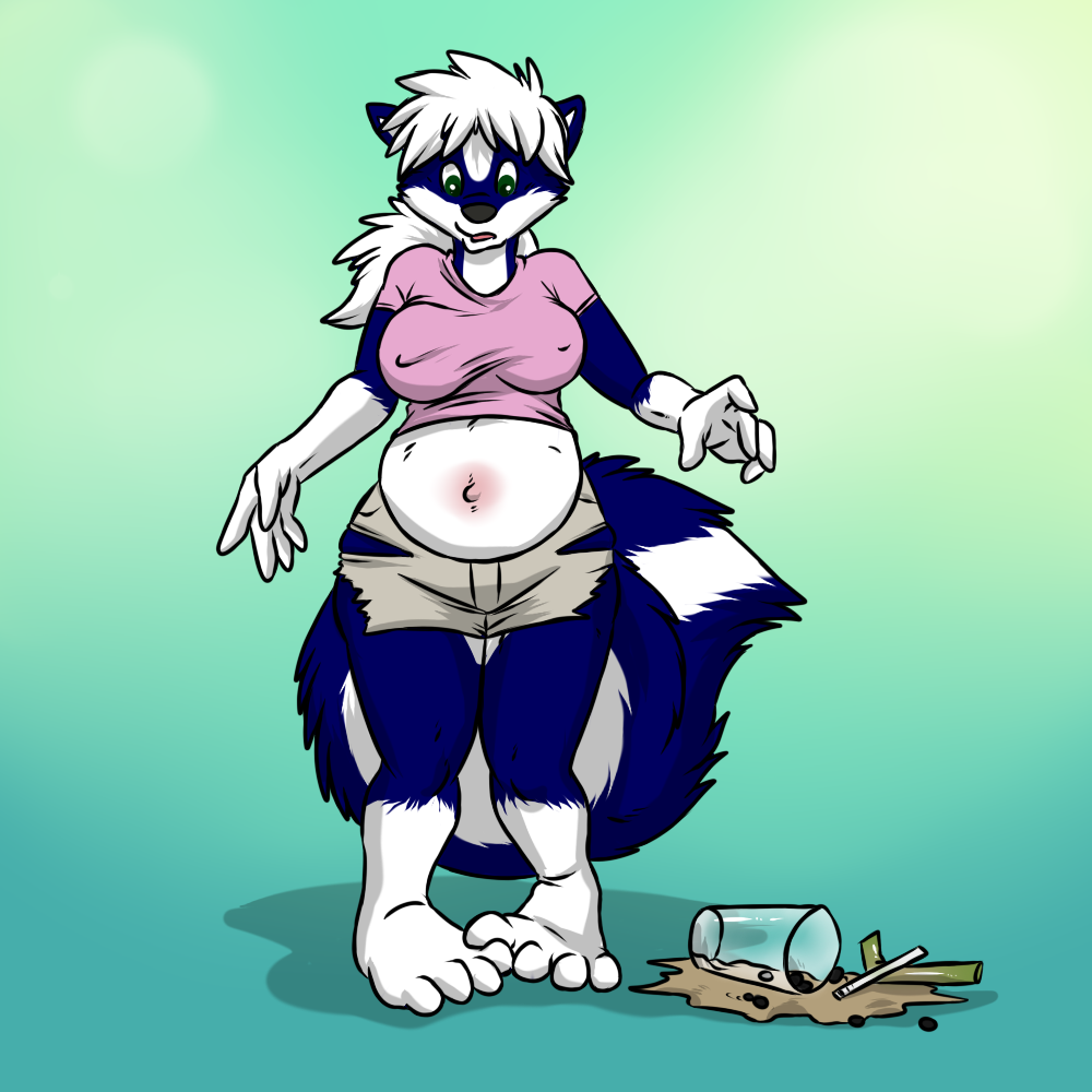 4_toes aggrobadger barefoot beverage blue_fur breasts clothing female fluffy_tail food fur hair mammal navel pregnant shirt shorts skunk solo taki toes torn_clothing white_hair wide_hips