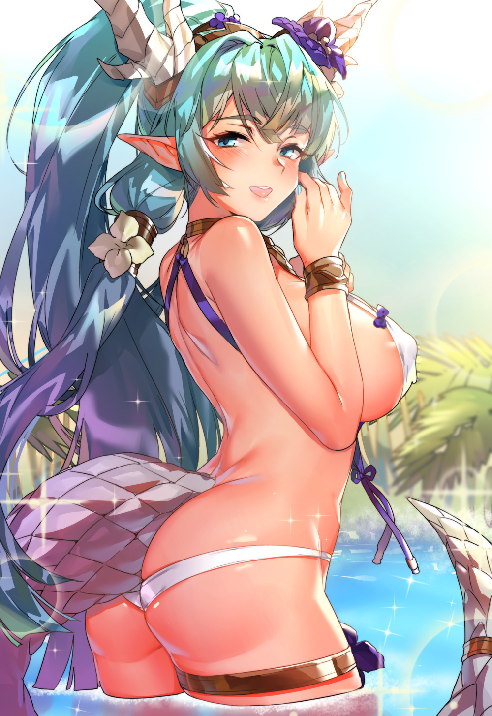 aqua_nails arched_back ass bangs bare_shoulders bikini blue_eyes blue_hair blush bracer breasts day dragon_girl dragon_horns dragon_tail erect_nipples eyebrows_visible_through_hair from_side hair_ornament halter_top halterneck highres horns king's_raid king's_raid laias_(king's_raid) laias_(king's_raid) large_breasts long_hair looking_at_viewer lowleg lowleg_bikini multi-tied_hair nail_polish naso4 o-ring open_mouth outdoors palm_tree pointy_ears ponytail round_teeth shoulder_blades sideboob sidelocks smile solo sparkle swimsuit tail teeth thighlet tree upper_teeth very_long_hair wading water