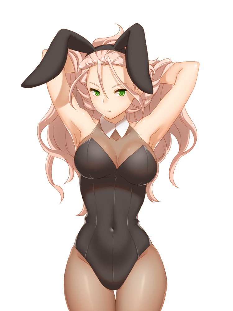 animal_ears armpits arms_behind_head arms_up black_leotard blush braid breasts brown_legwear bunny_ears bunny_girl bunny_tail bunnysuit cleavage detached_collar esaka fake_animal_ears green_eyes h'aanit_(octopath_traveler) h'aanit_(octopath_traveler) lavender_hair leotard long_hair looking_at_viewer medium_breasts octopath_traveler pantyhose simple_background solo strapless strapless_leotard tail wrist_cuffs
